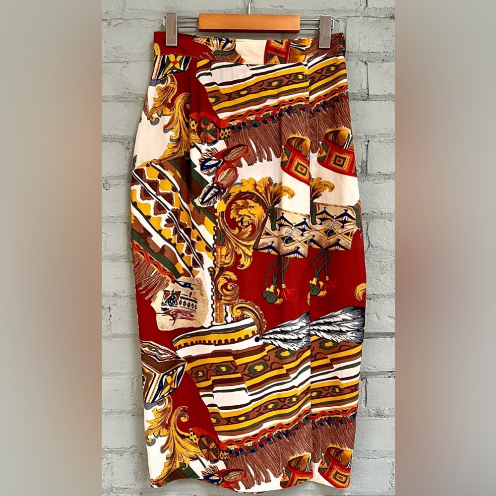 Vintage Novelty Print Midi Sarong Style Wrap Skirt